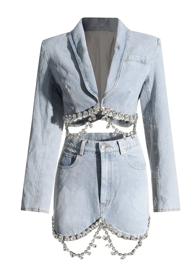 Spliced Diamonds Tassel Denim Two Piece Set For Women Lapel Long Sleeve Coat High Waist Mini Skirt Fashion Set LIGHTBLUE SET