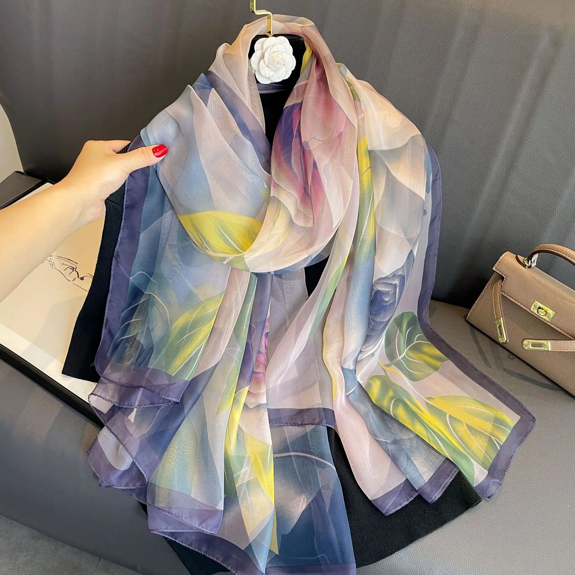 Print Silk Scarf Hijab Women Spring Deisgn Soft Beach Stoles Elegant Head Scarves Echarpe Shawl Satin Large Wrap Echarpe Bandana see chart 11