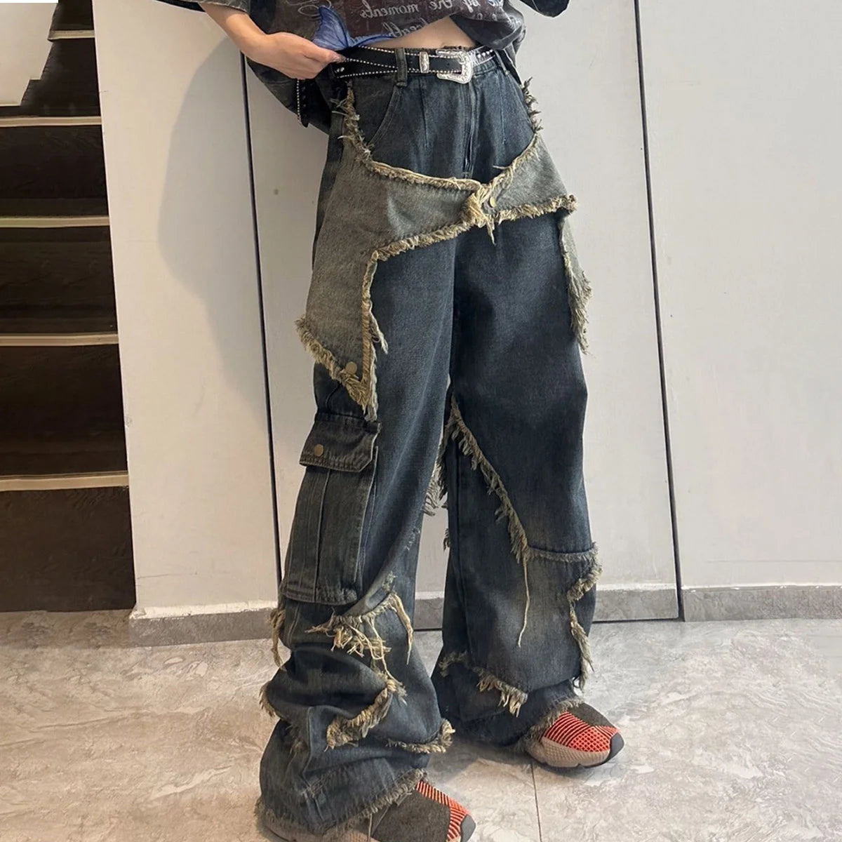 Y2K Cargo Jeans Pants Women Street Loose Oversize Panelled Pentacle Raw Hem Pant 2024 Vintage Blue Hip Hop Female Denim Trousers Blue