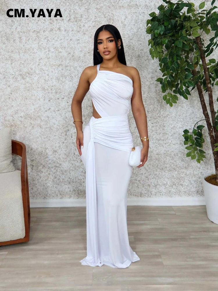 CM.YAYA Women Sleeveless Hollow Out Strap Ruched Maxi Long Dress 2025 Summer Street Sexy Party Birthday Evening Dresses Vestidos