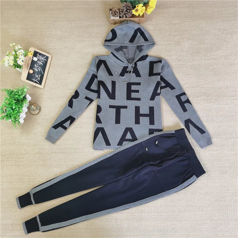 Fashion Autumn Women 2 Pieces Sets Casual Letter Print Patchwork Loose Knitted Sweater Sports Harlan Pants Suits Spring Dark Grey One Size