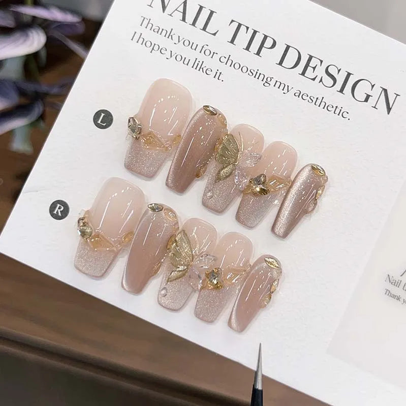 Press on Fake Nails Mid-length Glitter Ballet French False Nails with Glue Cat Eye Nails with Butterfly Designs Nail Full Cover