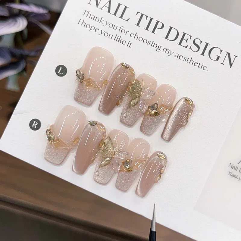 Press on Fake Nails Mid-length Glitter Ballet French False Nails with Glue Cat Eye Nails with Butterfly Designs Nail Full Cover