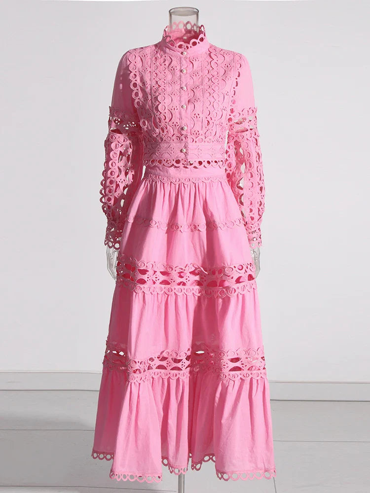 TWOTWINSTYLE Elegant Two Piece Sets For Women Stand Collar Lantern Sleeve Tops High Waist Skirt Hollow Out Set Female Clothing PINK