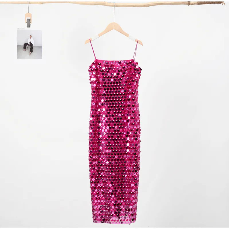 Sequined Tube Top Strap Dress Women Sexy Sleeveless Slim Solid Straight Long Vestidos Fashion Backless Slip Split Evening Robe rose Red