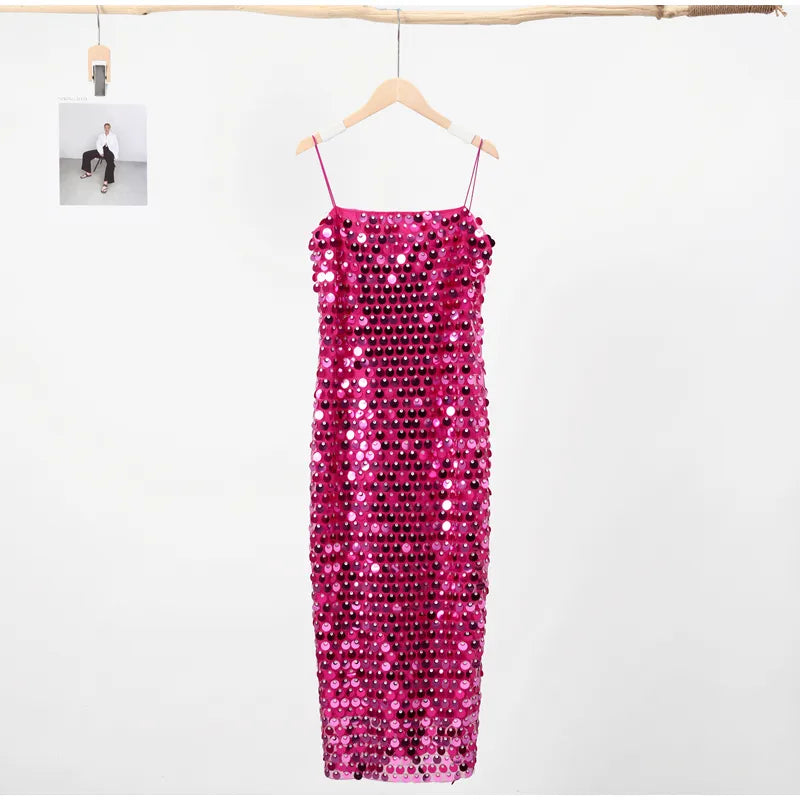 Sequined Tube Top Strap Dress Women Sexy Sleeveless Slim Solid Straight Long Vestidos Fashion Backless Slip Split Evening Robe rose Red