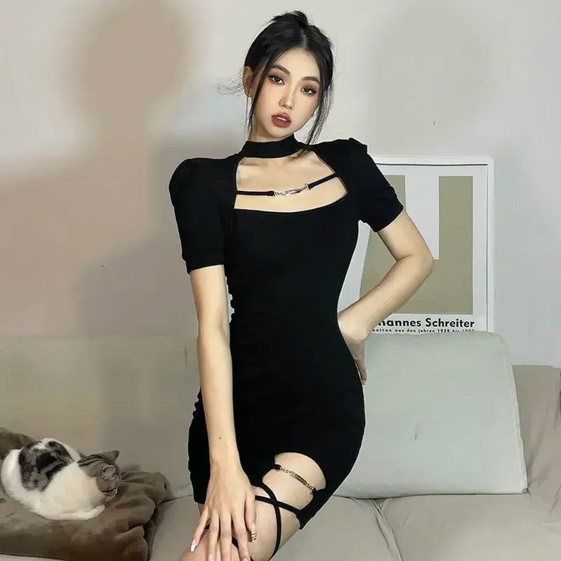 Black Dress Summer Hanging Neck Strap Dress Sexy Slim Mini Dress Solid Color Dresses Fashion Hip wrap skirt girl dress 02