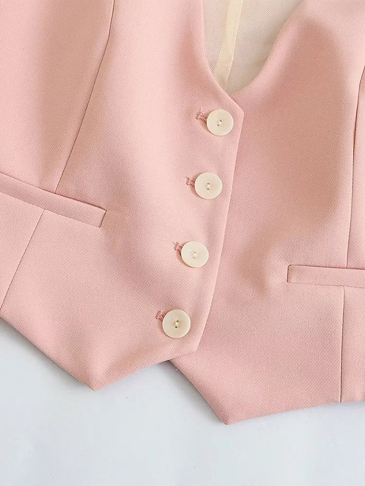 Willshela Women Fashion Two Piece Set Pink Tank Tops & Straight Leg Pants Vintage V-Neck Single Breasted Female Chic Pants Suit