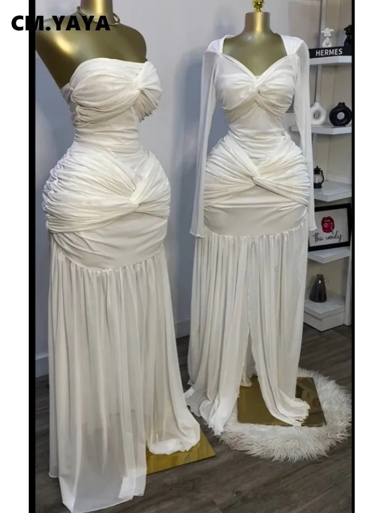 CM.YAYA Women Stacked Ruched Draped High Split Pleated Maxi Long Bodycon Dress 2025 Holiday Birthday Club Party Evening Dresses