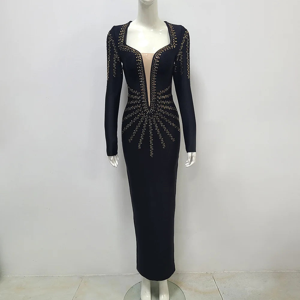 Women Long Sleeve Sexy Golden Rhinestones Bodycon Long Bandage Dress Nightclub Party Celebrate Fashion Dress