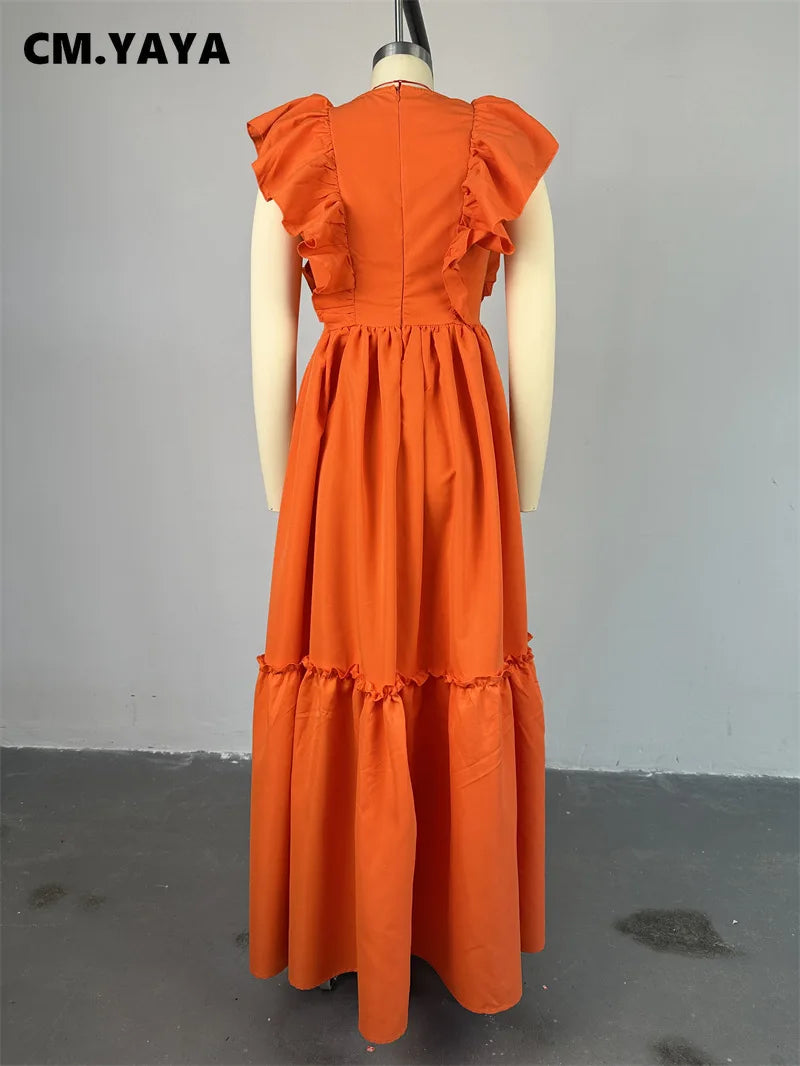 CM.YAYA 2024 Summer Ruffles Short Sleeve Sweet Cute O-Neck Floor-Length Long Women Dress Beach Streetwear Big Swing Maxi Dresses