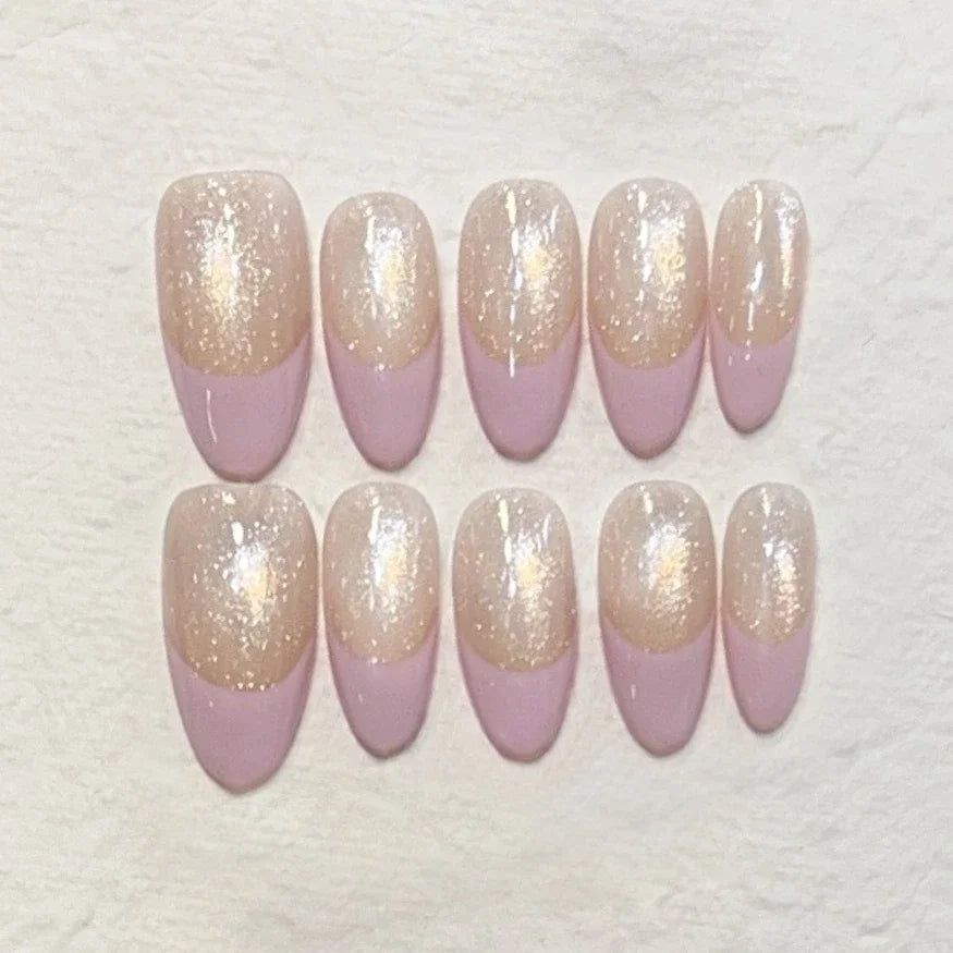 10Pcs Spring Pink Cat Eye Press on Nails with 3D Flower Small Diamond Fashion Set Pearl Chain Nail Tips Detachable Oval Nail Art