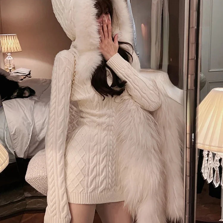 2023 Winter Knitted Sweater Dress with Hooded Women Slim Bodycon Y2k Mini Dress Faux Fur Female One Piece Dress Korean Elegant