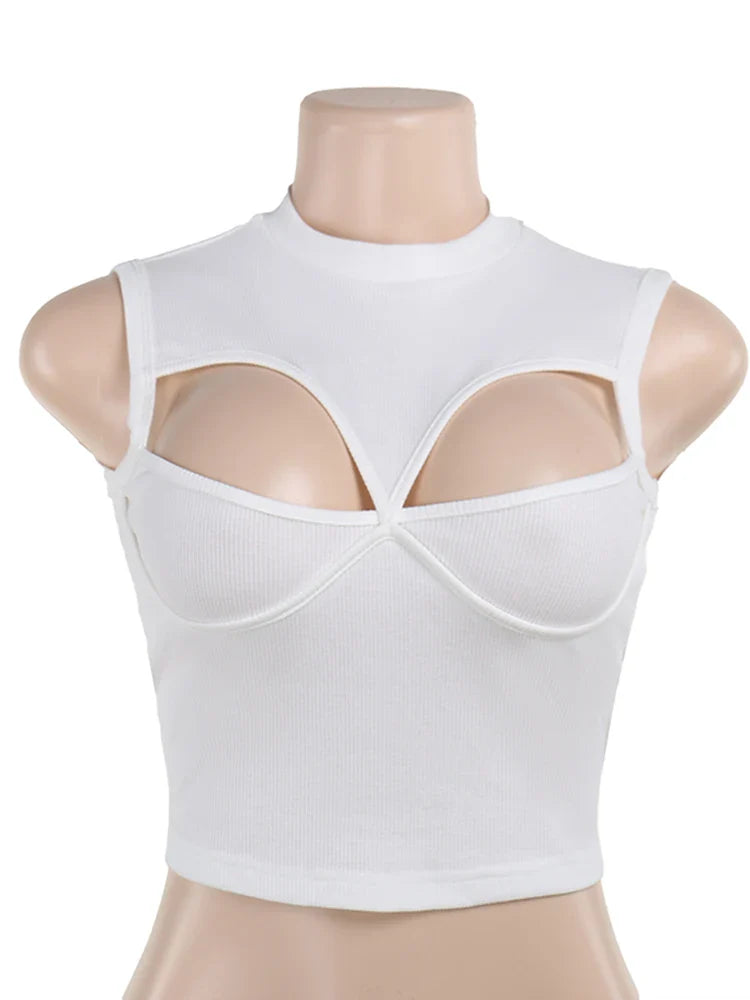 Weird Puss Hollow Tank Crop Top Woman Summer Sexy O-Neck Solid Patchwork Wild Chic Hot Girl Fashion Streetwear Party Skinny Vest