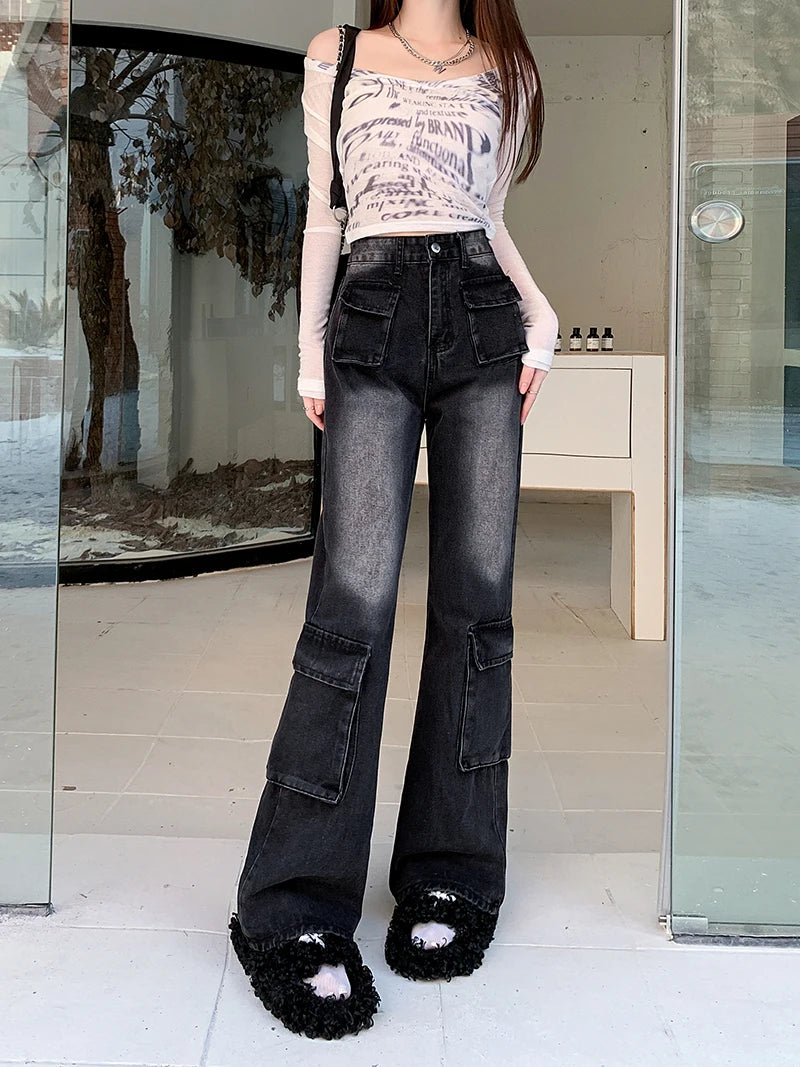 Autumn Winter New Straight Tube Cargo Jeans Woman American Retro High Waist Pants Ladies Multipocket Y2k Baggy Jeans Women's black gray