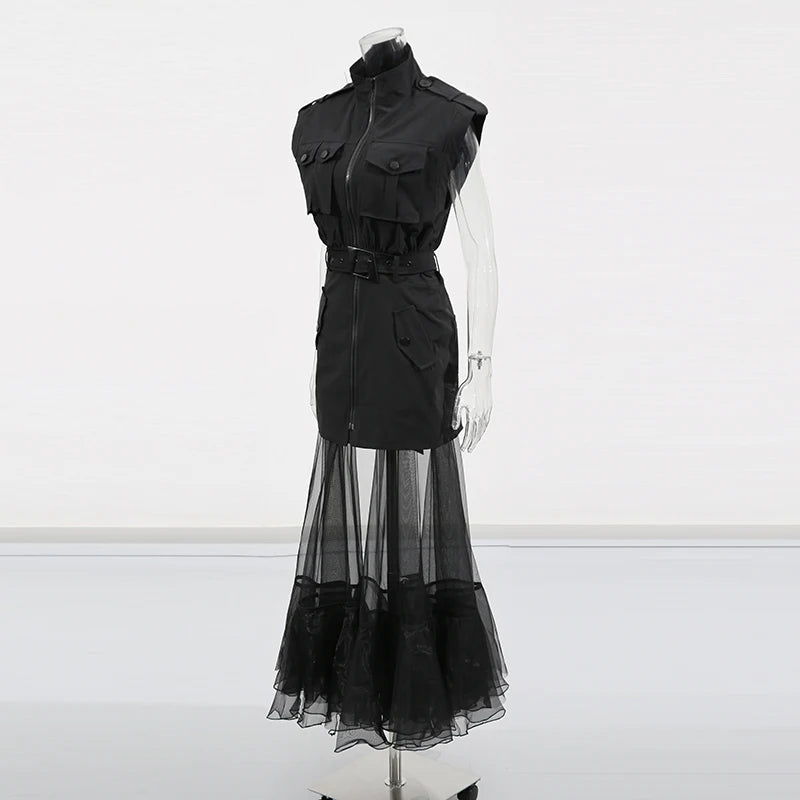 TWOTWINSTYLE Solid Sheer Spliced Mesh Folds Dress for Women Round Neck Sleeveless Patchwork Zipper elegant Dress Female Fashion