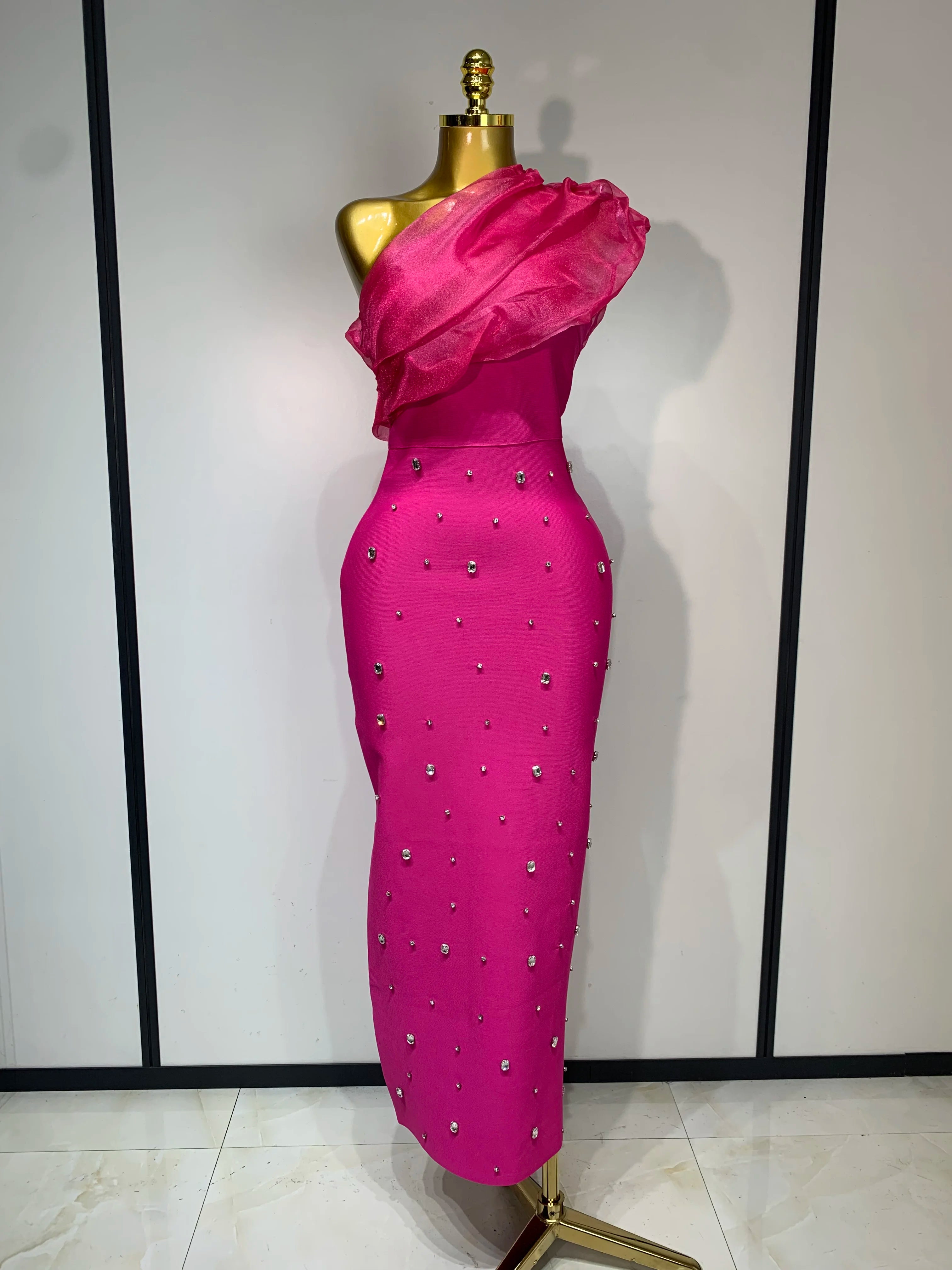 Women Sexy One Shoulder Shinning Crystal Bodycon Bandage Long Dress Celebrate Birthday Elegant Evening Party Club Outfit