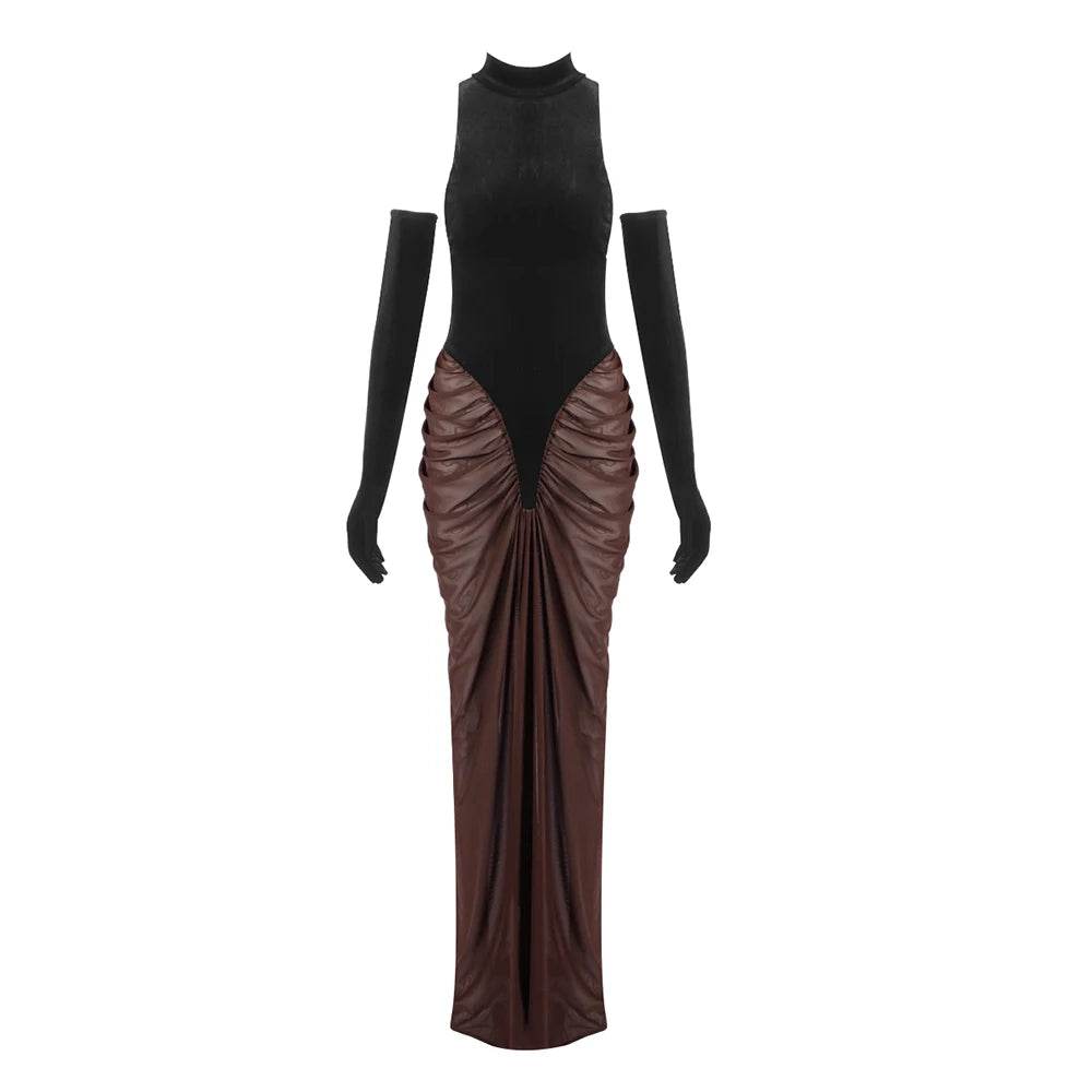 VC Glamorous Black and Brown Halter Gown with Velvet and Chiffon Combination for Luxury Galas Evening Gown