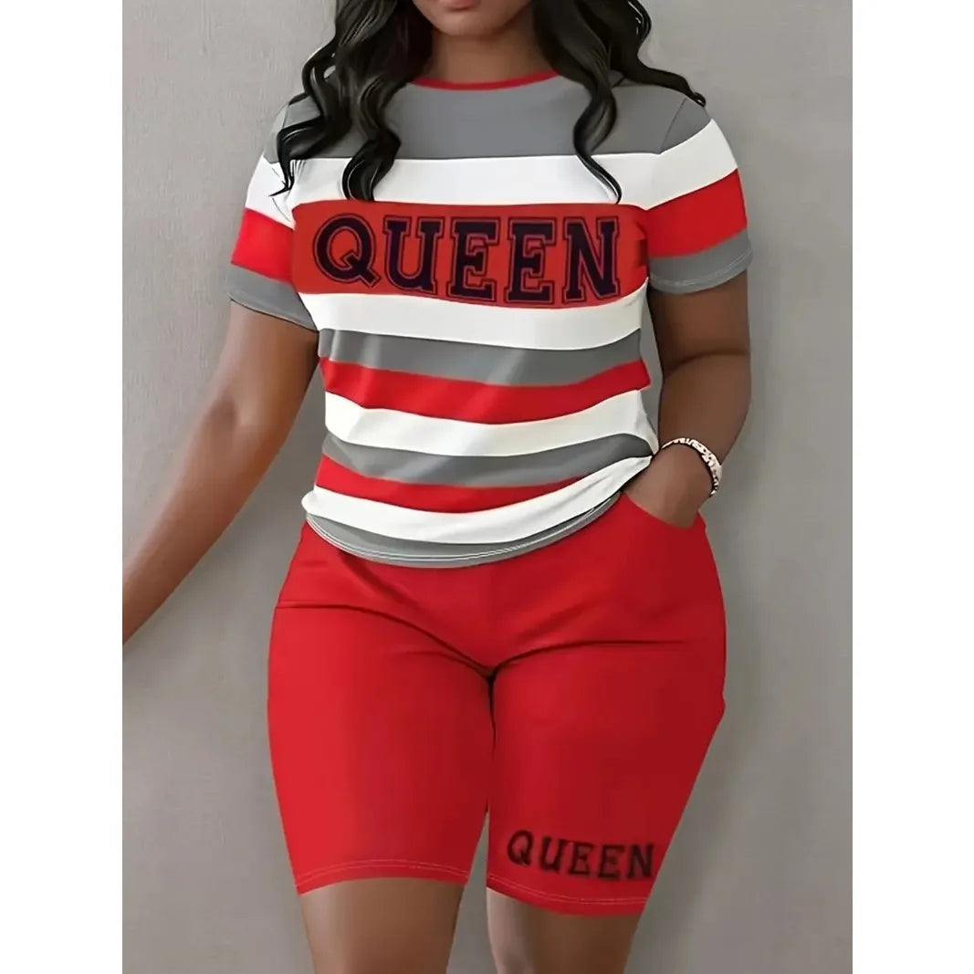 Plus Size Summer Outfits Biker Shorts Set Crew Neck Short Sleeve Positioning Printing Queen Plus Size 2 Piece Set Women