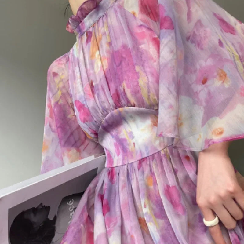Elegant Print Slim Dresses For Women Stand Collar Half Sleeve High Waist Ruched Long Dress Female Summer Big Hem Backless Style