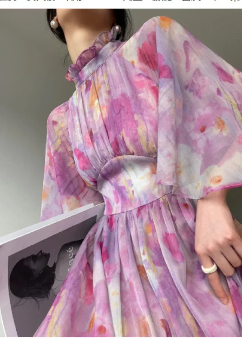 Elegant Print Slim Dresses For Women Stand Collar Half Sleeve High Waist Ruched Long Dress Female Summer Big Hem Backless Style