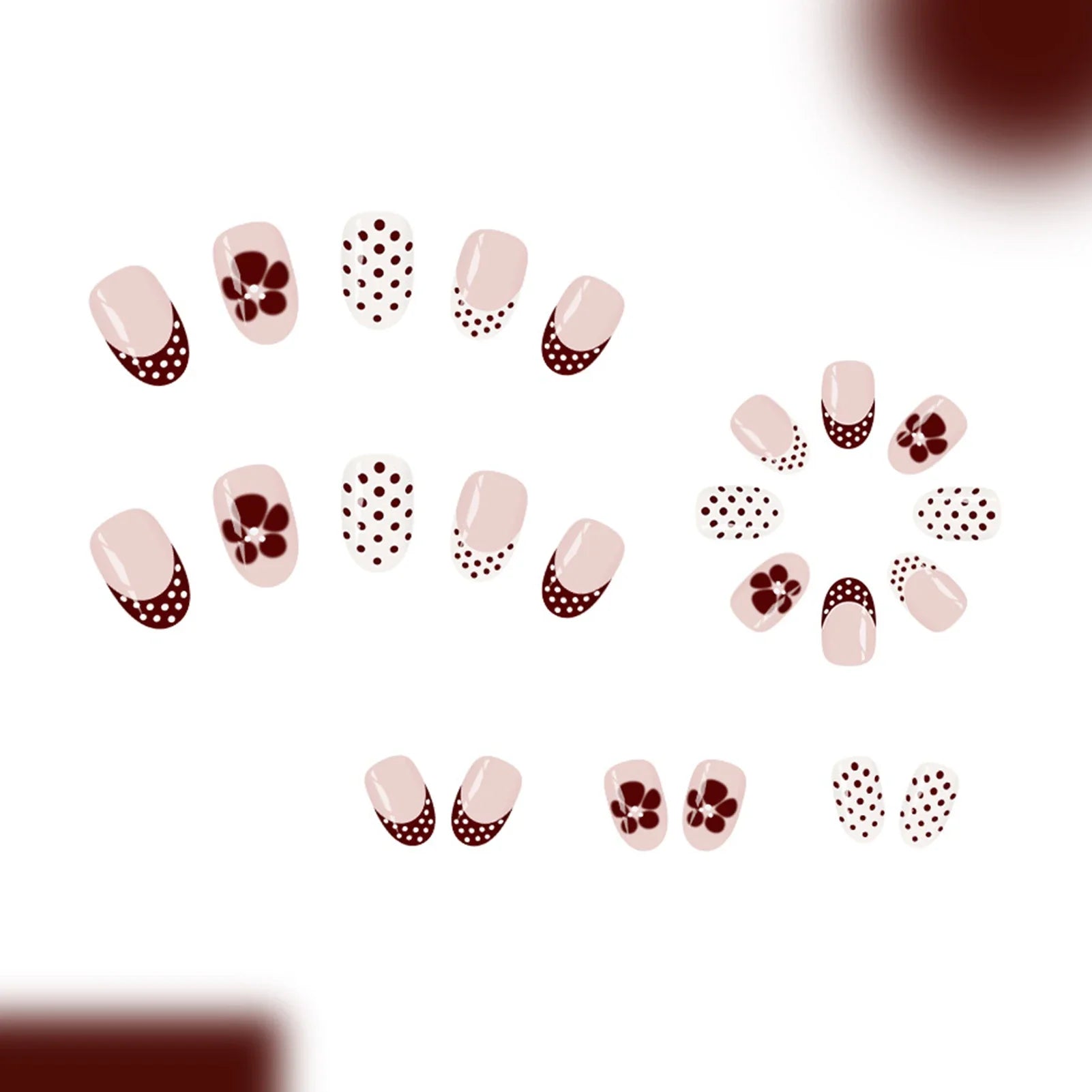 24Pcs Red Brown French Press on Nails Polka Dot Flower Printed Short Oval Shaped Fake Nails Nude Color Charm Manicure Nails Art