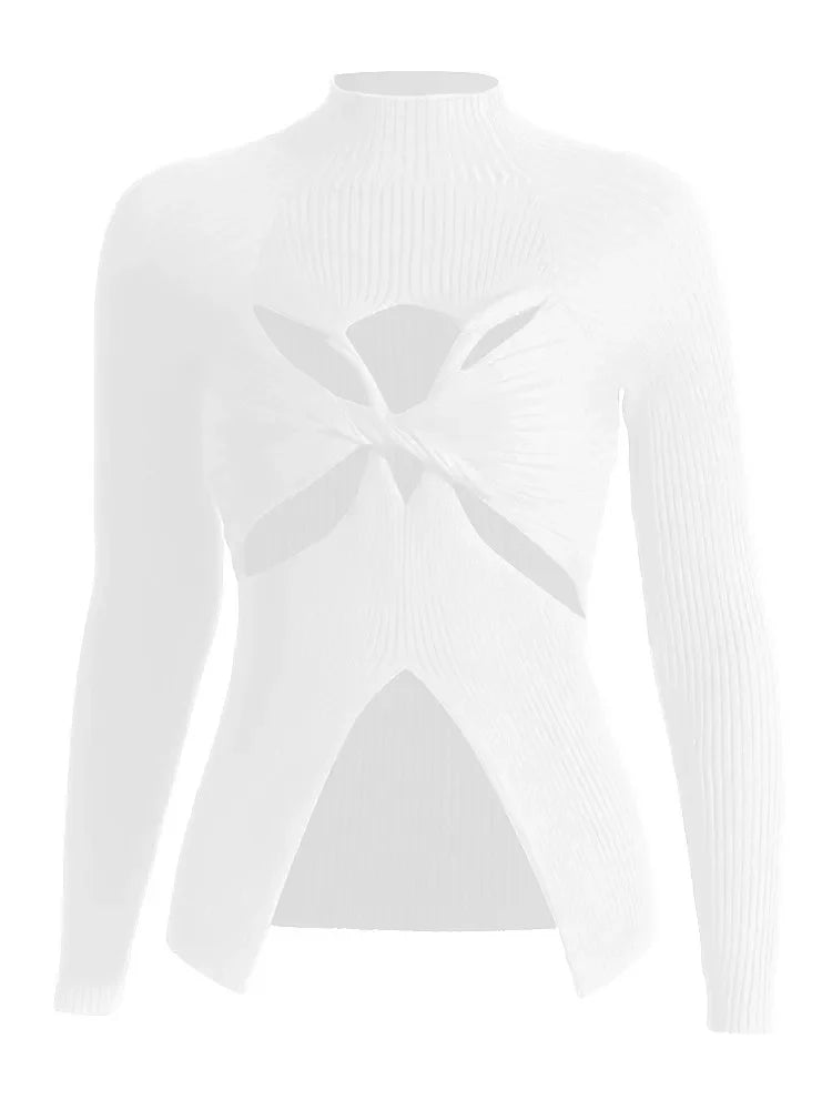 Slimming Crisscross Hollow Out Knitting Sweaters For Women Round Neck Long Sleeve Solid Casual Chic Sweater Female