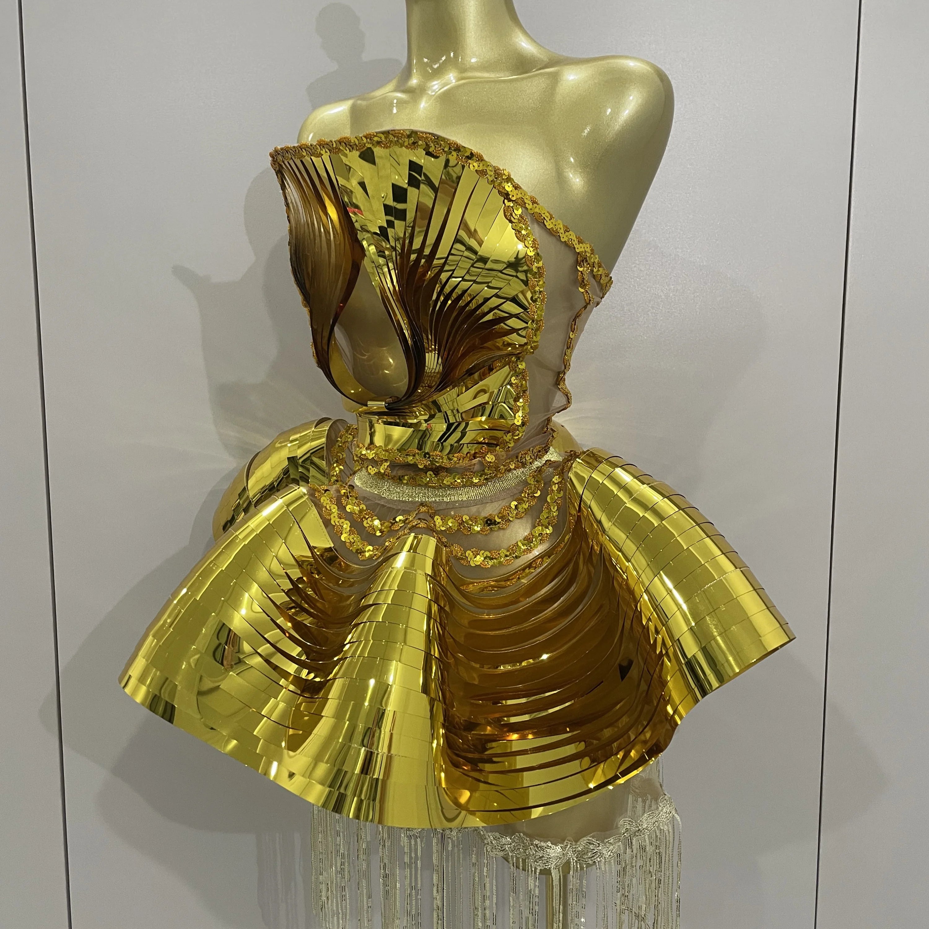 STOCK Shiny Gold Mirrors Sexy 2 Pieces Mini Dress 2025 Women Celebrate Birthday Party Performance Stage Costume Festival Wear