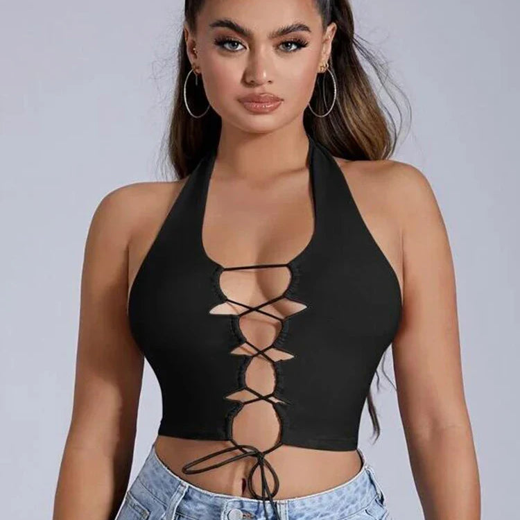 Lace Up Front Crop Halter Top Sleeveless Lace up Top Cutout Front Cami Tank