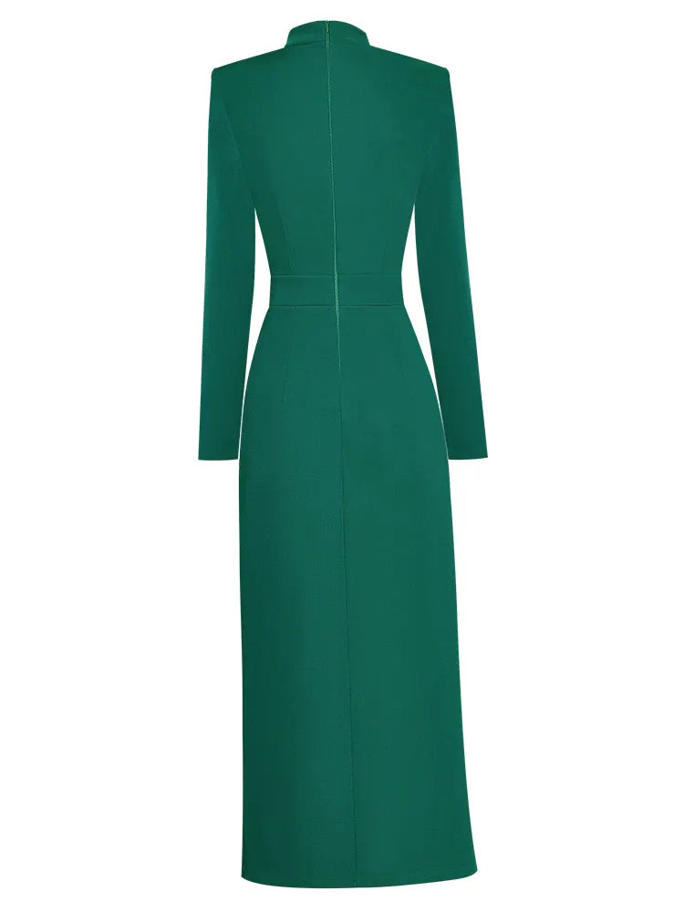 Runway Autumn Midi Dresses for Women Elegant Black Green Vestidos Long Sleeve Straight Party Robe Femme Plus Size XXL