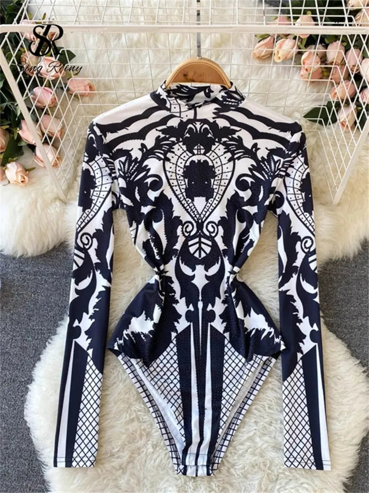 Design Autumn New Print Rompers Women Stand Collar Long Sleeve Slim Jumpsuits Chic Fashion Sexy Bodycon Short Bodysuit