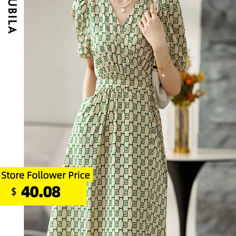 Elegant Print Summer Dress for Women Fashion A Line V-Neck Lace Up Slim Puff Sleeve Ladies Midi Wrap Dresses