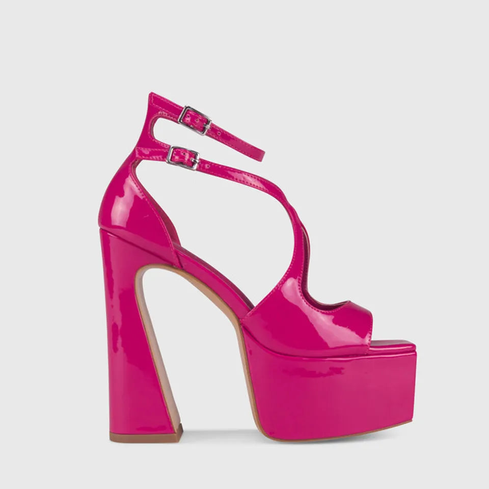 Women color patent leather sandals thick wedge block high heel lady sexy party luxury shoes