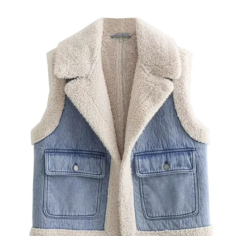 Women Faux Sheepskin Fur Waistcoat Autumn Winter Chic Lady Denim Vest Woman Sleeveless V Neck Jacket Waistcoats