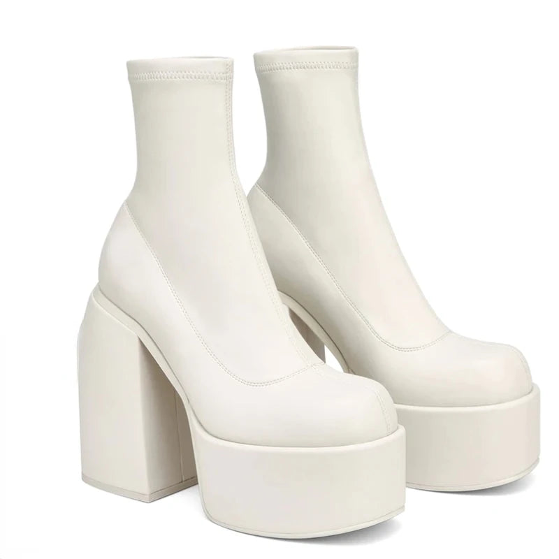 Morden Boots Women Platform Heels Round Toe Leather Boot Chunky Heels Zipper Designer Block Heel Shoes Fashion Girls Casual Shoe White