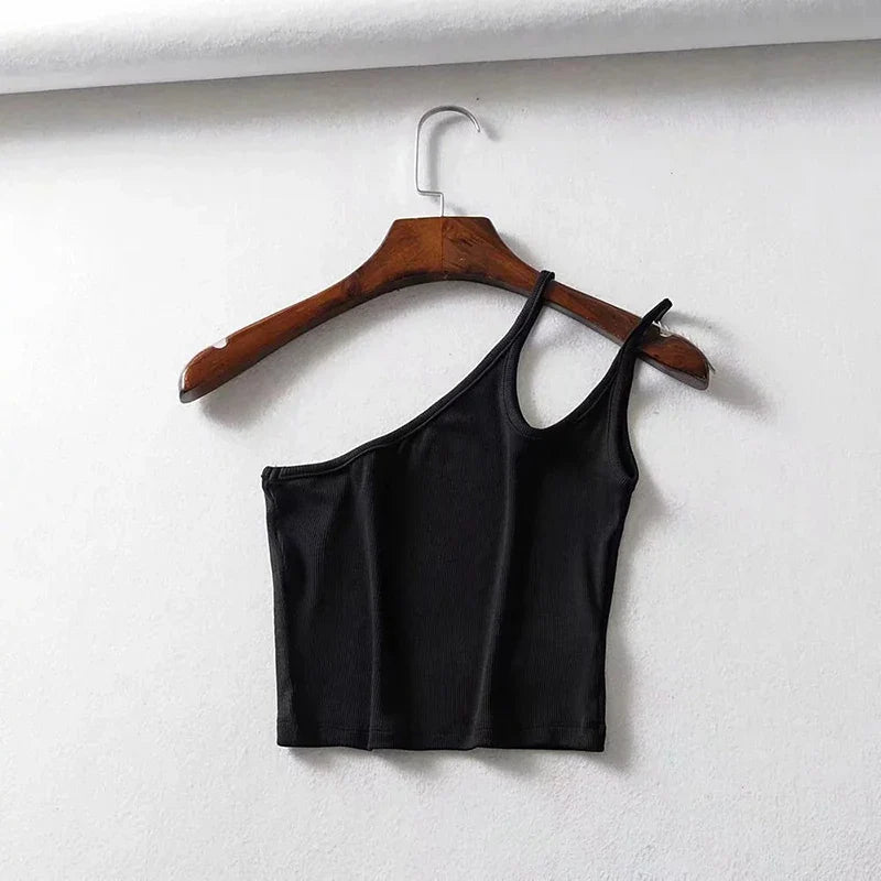 One Shoulder Ribbed Camis Women Summer Double Strap Slim Fit Tank Tops 90s Cool Girls Streetwear Strench Tees 2023 black