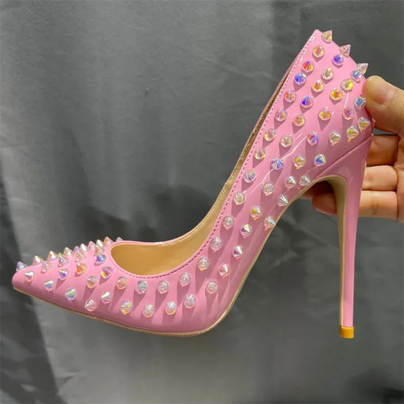 Heelgoo Shiny Spikes Women Patent Pink Pointy Toe Sexy High Heel Party Shoes Rivets Studs Ladies Slip On Stiletto Pumps 8-12cm Pink 12cm Heel