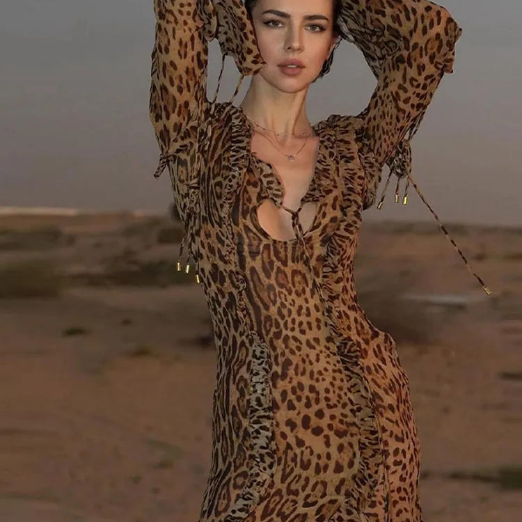 Fashion Print Ruffle Split Dress Women Spring Summer Deep V-neck Female Vestidos Elegant Long Sleeve Lace Up Lady Robe