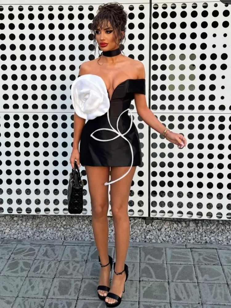 Vestido curto feminino sexy de celebridades, ombro de fora, flor branca, preto, bodycon, bandagem, elegante, festa à noite, clube