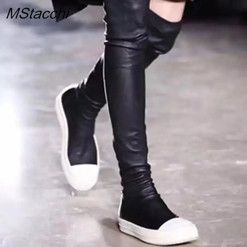 Women Stretch Tight Boots Flat Thick Bottom Shoes Women's Over-the-knee Boots Casual Black Leather Women's Thigh High Boots