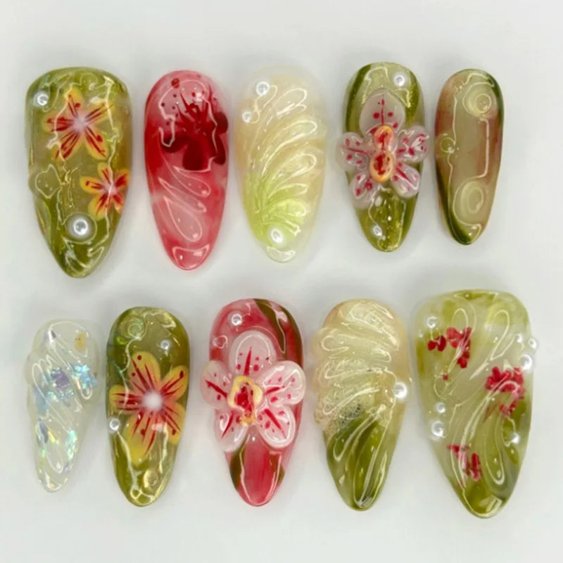 24pcs Flower Print Press on Nails Retro Color Blush Almond Fake Nail Tips Detachable Wearable Sweet Cool Spice Girl False Nails