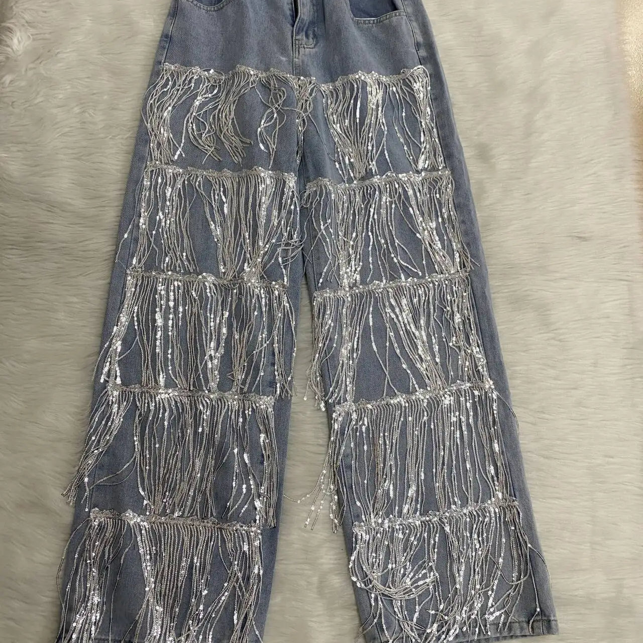 CM.YAYA Women Sequins Tassel Wide Leg Blue Denim Pants 2025 Summer Streetwear Party Vintage High Waist Jeans Trousers