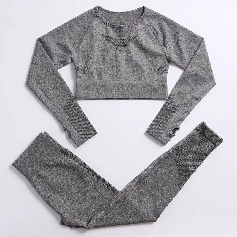 2PCS Seamless Women Sports Suits Yoga Set Workout Sportswear Gym Clothing Fitness Long Sleeve Crop Top High Waist Leggings ShirtsPantsDarkgrey