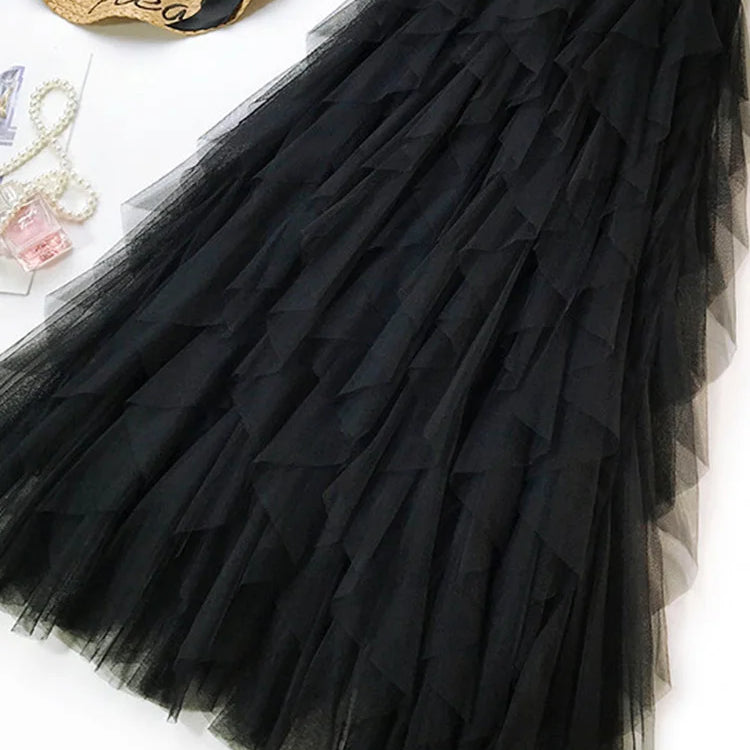Fashion Tutu Tulle Skirt Women Long Maxi Skirt Spring Summer Korean Black Pink High Waist Pleated Skirt Female black One Size