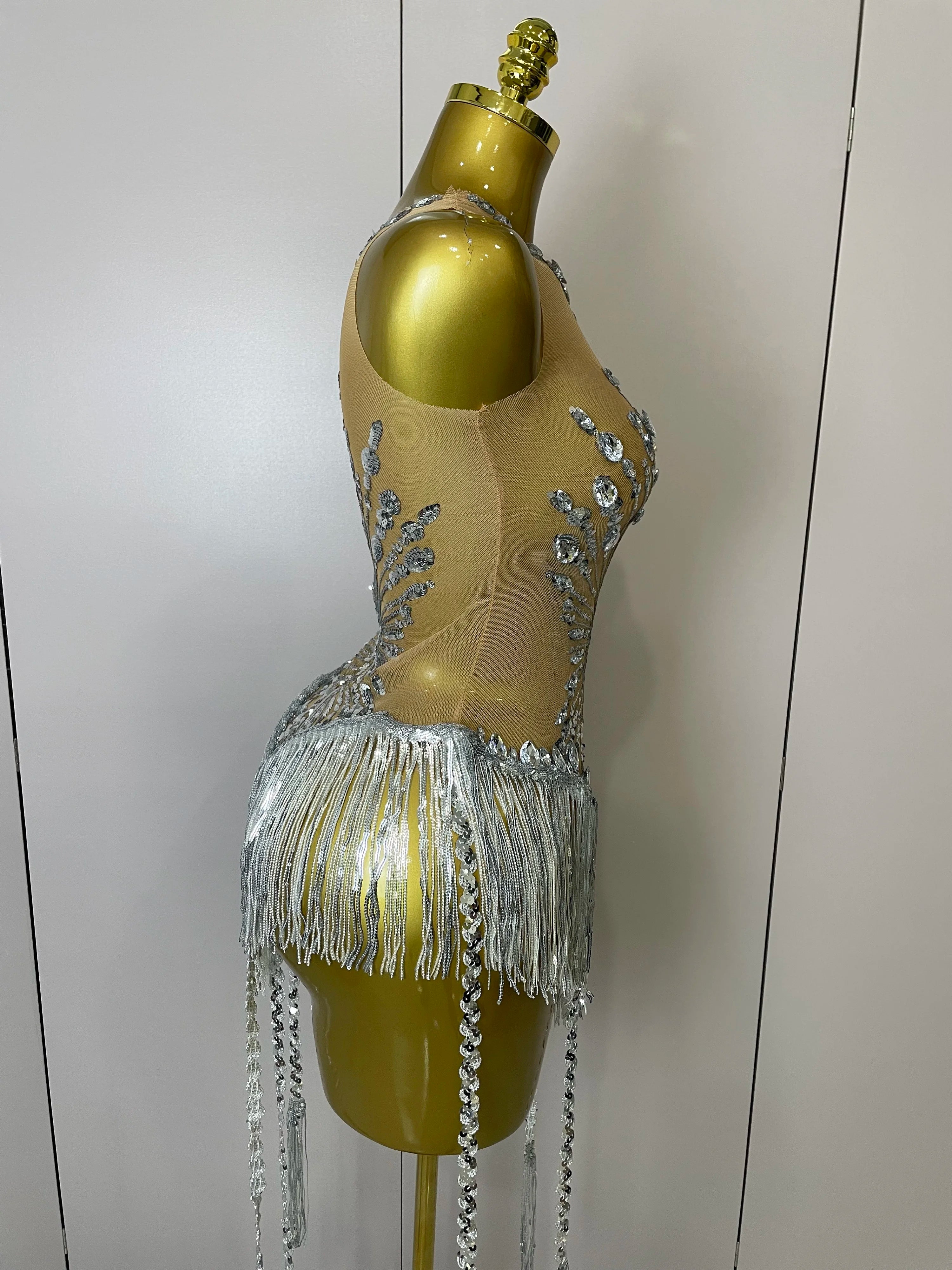 STOCK Sliver Sequins Shining Diamonds Sexy Mesh Long Tassel Bodysuit Women Nightclub Party Birthday Stage Performance Costume