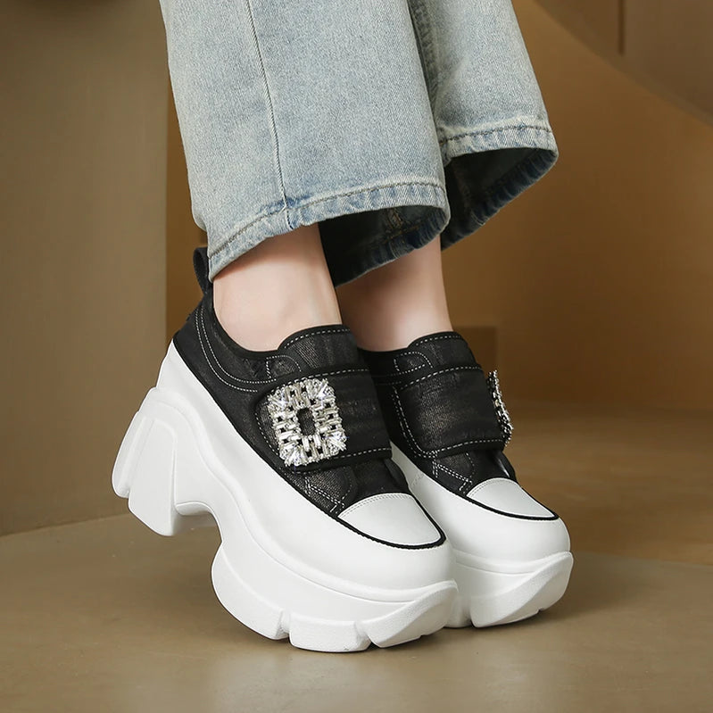 Women Crystal High Heels Chunky Platform Shoes Spring Trend Cowboy Sandals Running Sneakers Walking Mujer Zapatos black