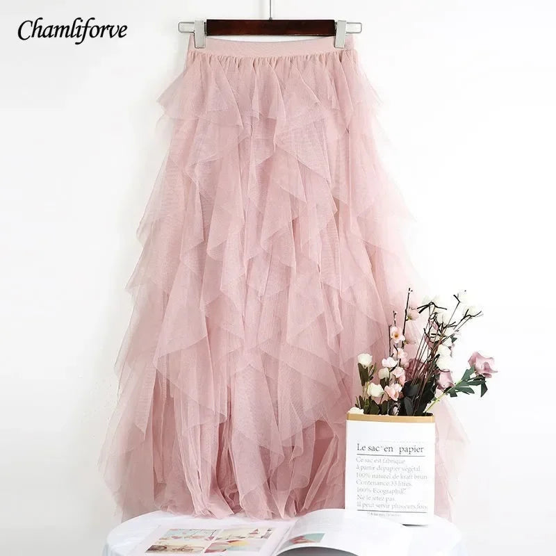 Women Tulle Mesh Skirt Elegant Elastic Waist Fairy Long A-line Tutu Skirt for Spring Summer long skirt