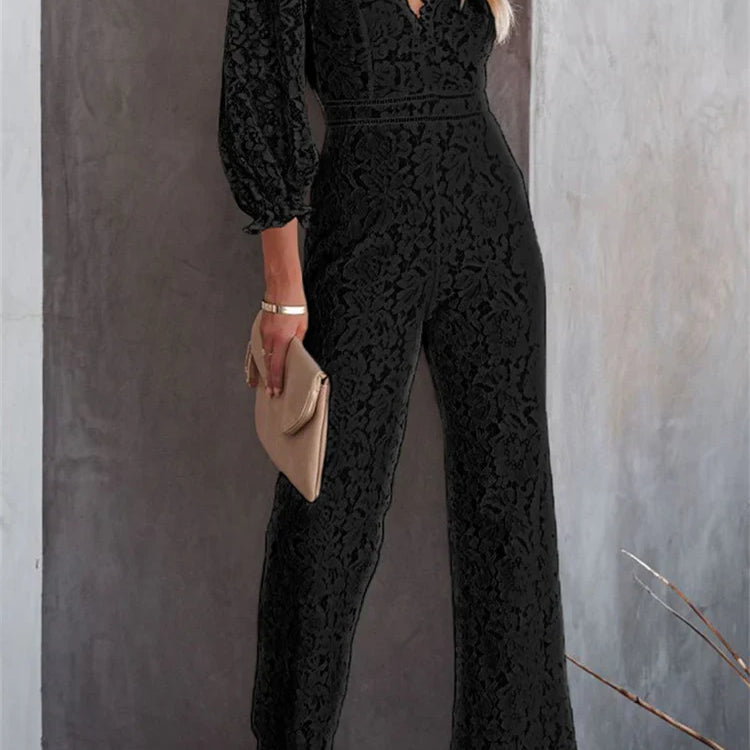 CHRONSTYLE Elegant Women Lace Wide Leg Pants Jumpsuits Solid Color Long Sleeve High Waist V Neck Floral Rompers Streetwear 2023 A