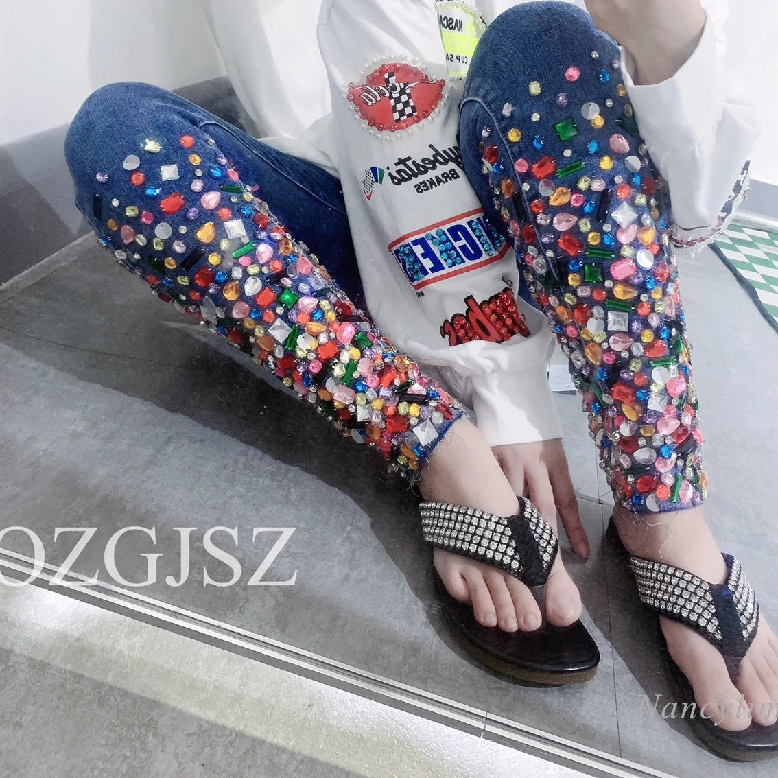 European Fashion Blue Jeans Women Heavy Industry Color Diamond Design Comfortable Soft Stretch Denim Skinny Jeans Denim Pants