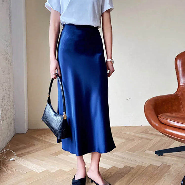 Silk Satin Skirts for Women Korean Style Champagne Office High Waist A-line Skirt Fashion Elegant Solid Long Pencil Skirt 2024 ROYAL BLUE